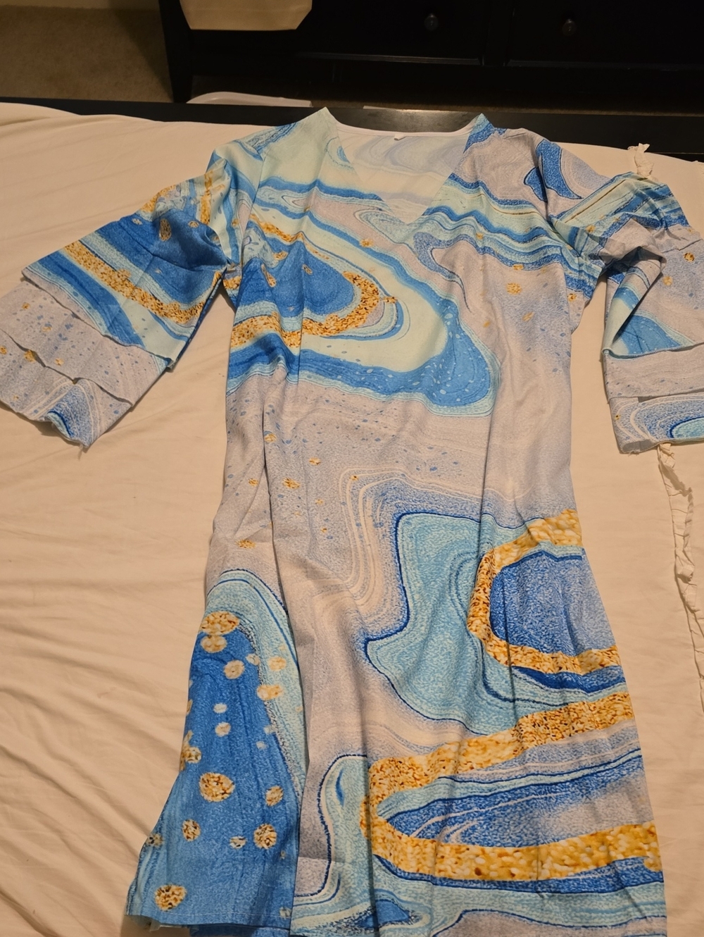 Women's Blue Marble-Print Maxi Dress with Gold Accents. NWT